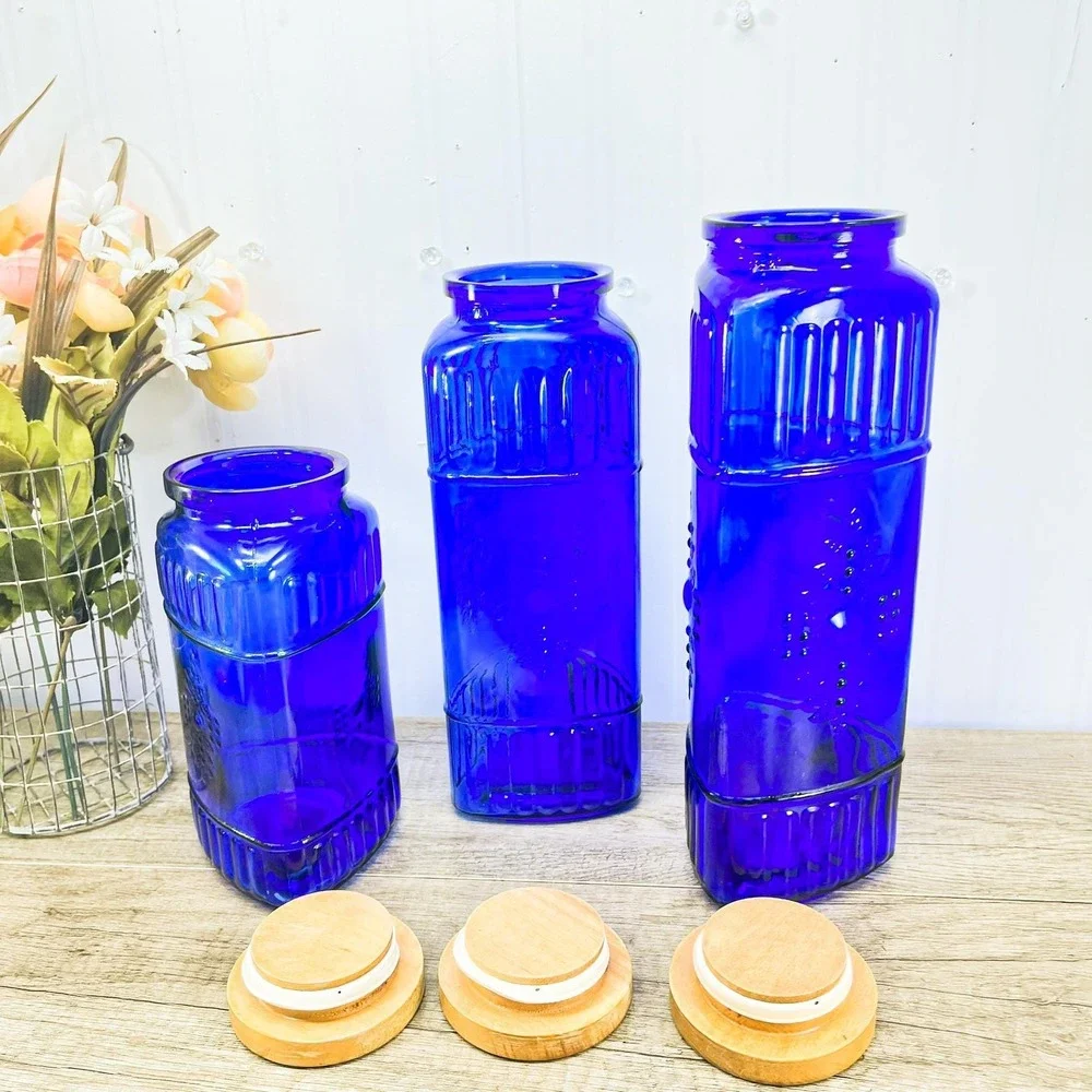 Vintage Cobalt Blue Canister Set of 3: Blue Glass Jars‎ with Wood Lids
